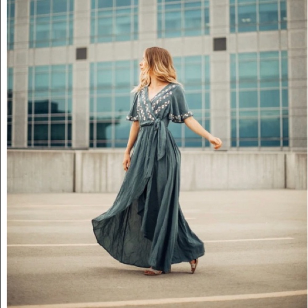 Parklan Embroidered Wrap Dress in Jade